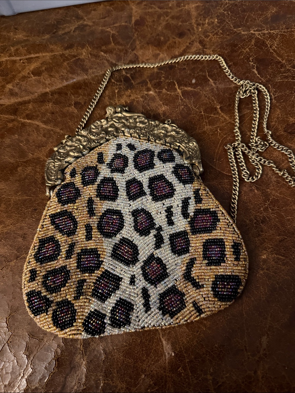 Vintage Hand Beaded Leopard Print Silk Evening Bag Ornate Brass Frame India